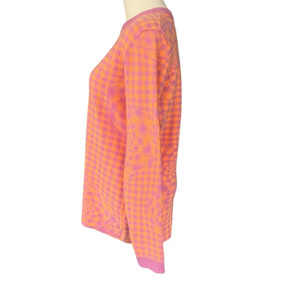 Brandon Maxwell Floral Gingham‎ Wool Crewneck Sweater Pink Orange Size Large - Picture 4 of 9
